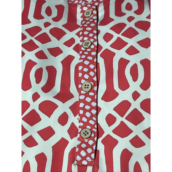 J McLaughlin Catalina Cloth Top Womens Medium 3/4 Sleeve Coral Aqua 1/4 Button - Picture 11 of 12